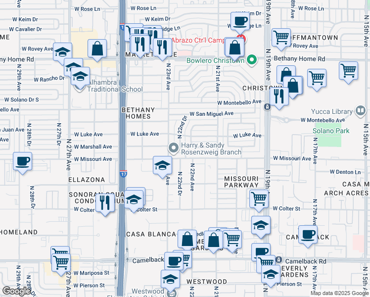 map of restaurants, bars, coffee shops, grocery stores, and more near 5515 North 22nd Drive in Phoenix