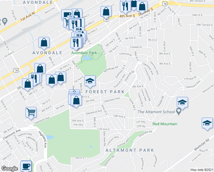map of restaurants, bars, coffee shops, grocery stores, and more near 4217 Overlook Drive South in Birmingham