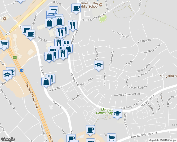 map of restaurants, bars, coffee shops, grocery stores, and more near 29642 Solana Way in Temecula