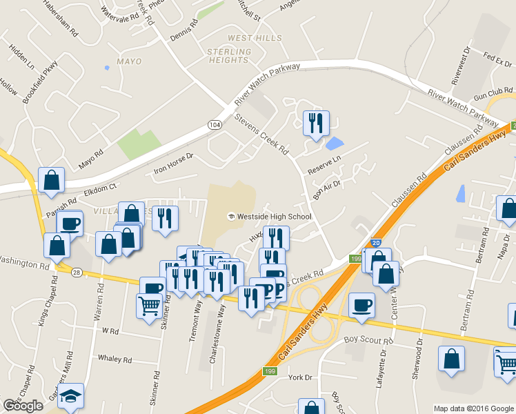 map of restaurants, bars, coffee shops, grocery stores, and more near 1208 Kendal Court in Augusta