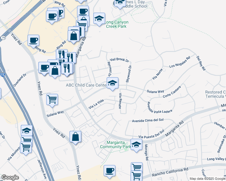 map of restaurants, bars, coffee shops, grocery stores, and more near 29705 Solana Way in Temecula
