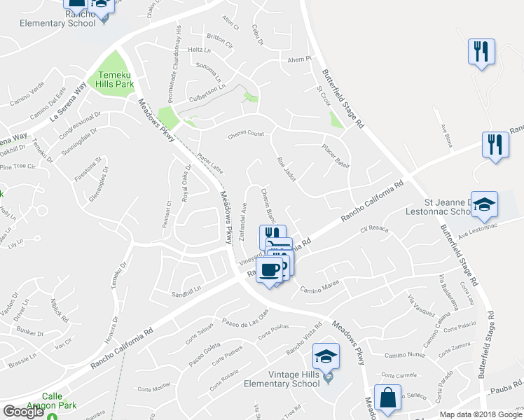 map of restaurants, bars, coffee shops, grocery stores, and more near 41537 Chenin Blanc Court in Temecula