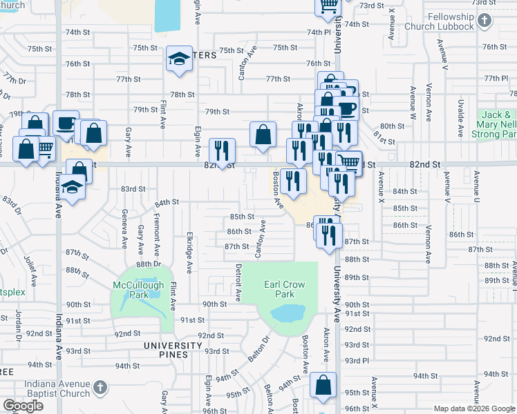 map of restaurants, bars, coffee shops, grocery stores, and more near 8405 Canton Avenue in Lubbock