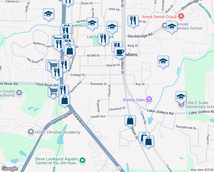 map of restaurants, bars, coffee shops, grocery stores, and more near 127 Burnside Street in Jonesboro