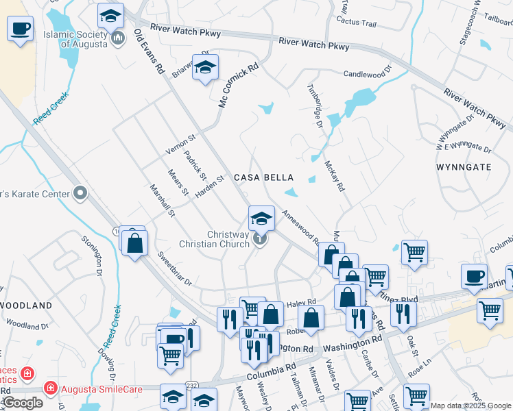 map of restaurants, bars, coffee shops, grocery stores, and more near 230 Old Evans Road in Martinez