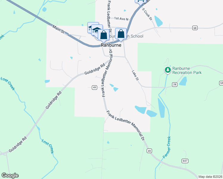 map of restaurants, bars, coffee shops, grocery stores, and more near 2210 Flm Drive in Ranburne