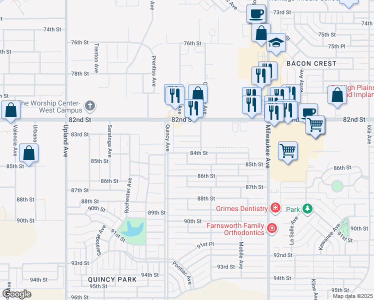 map of restaurants, bars, coffee shops, grocery stores, and more near 6812 84th Street in Lubbock