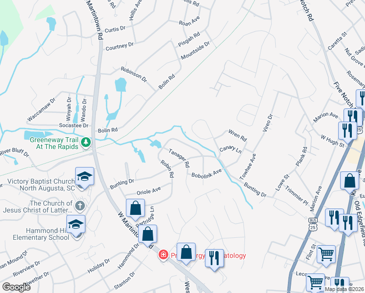 map of restaurants, bars, coffee shops, grocery stores, and more near 1931 Robin Road in North Augusta
