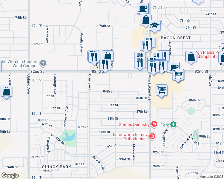 map of restaurants, bars, coffee shops, grocery stores, and more near 6712 84th Street in Lubbock