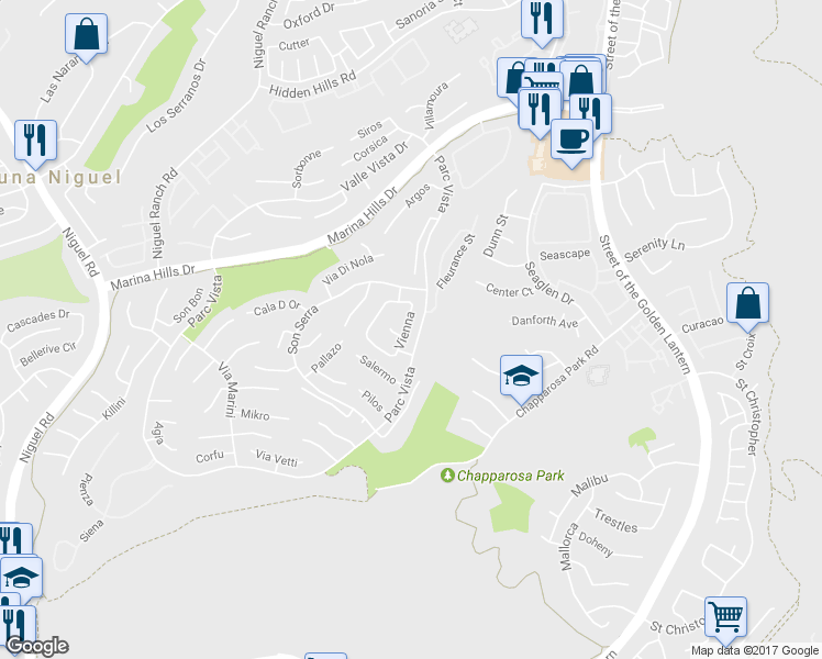 map of restaurants, bars, coffee shops, grocery stores, and more near 20 Vienna in Laguna Niguel