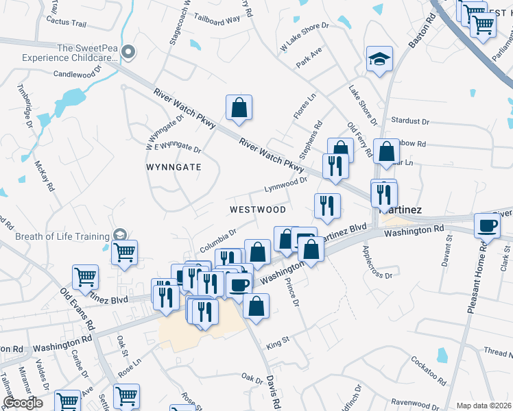 map of restaurants, bars, coffee shops, grocery stores, and more near 3651 Westwood Drive in Martinez
