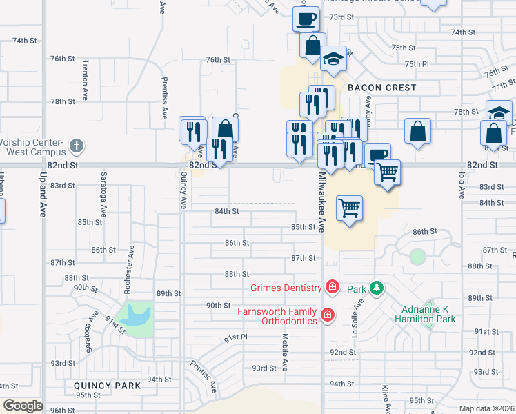 map of restaurants, bars, coffee shops, grocery stores, and more near 6546 84th Street in Lubbock