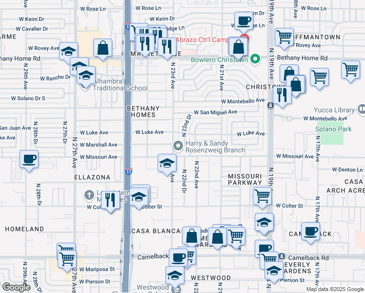 map of restaurants, bars, coffee shops, grocery stores, and more near 5515 North 22nd Drive in Phoenix