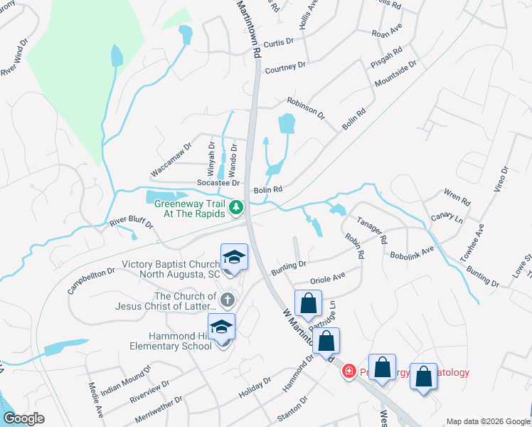 map of restaurants, bars, coffee shops, grocery stores, and more near N Augusta Greeneway Park in North Augusta