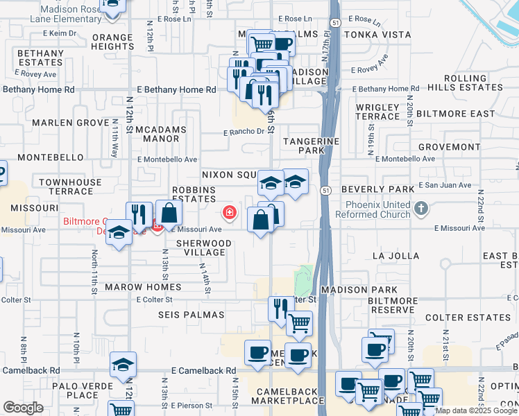 map of restaurants, bars, coffee shops, grocery stores, and more near 5550 North 16th Street in Phoenix