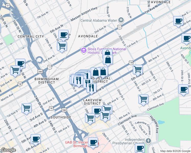 map of restaurants, bars, coffee shops, grocery stores, and more near 3029 2nd Avenue South in Birmingham