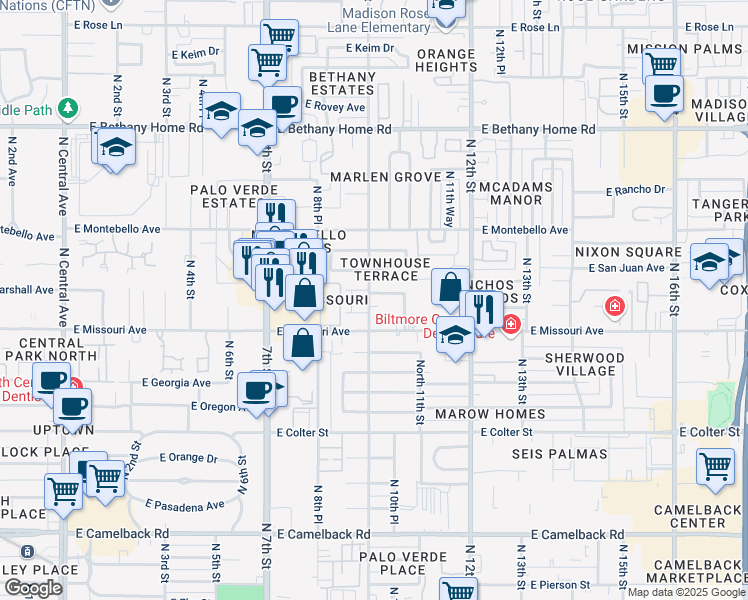 map of restaurants, bars, coffee shops, grocery stores, and more near 1001 East Luke Avenue in Phoenix