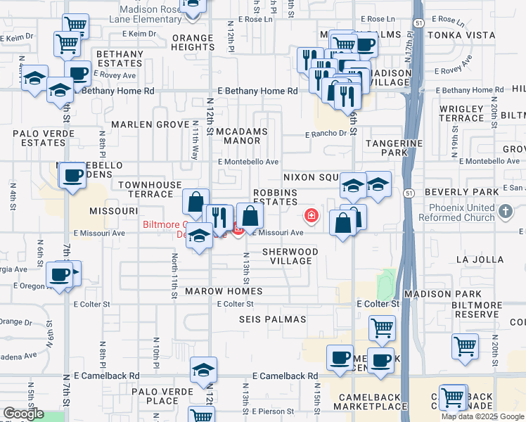 map of restaurants, bars, coffee shops, grocery stores, and more near 1336 East Marshall Avenue in Phoenix