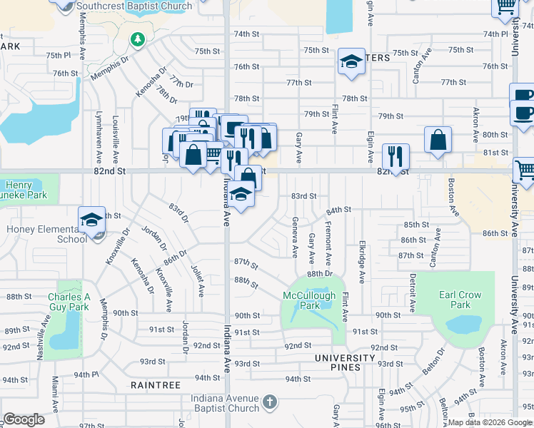 map of restaurants, bars, coffee shops, grocery stores, and more near 8406 Hartford Drive in Lubbock