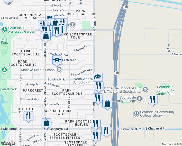 map of restaurants, bars, coffee shops, grocery stores, and more near 8732 East Arlington Road in Scottsdale