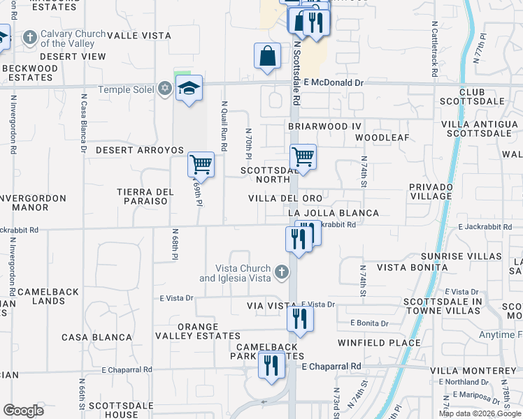 map of restaurants, bars, coffee shops, grocery stores, and more near 5518 North Quail Place in Paradise Valley