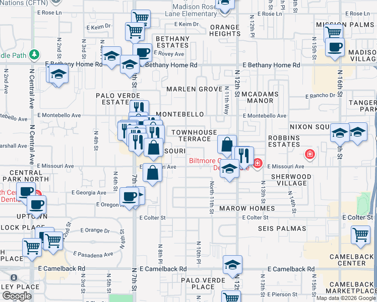 map of restaurants, bars, coffee shops, grocery stores, and more near 1001 East Luke Avenue in Phoenix