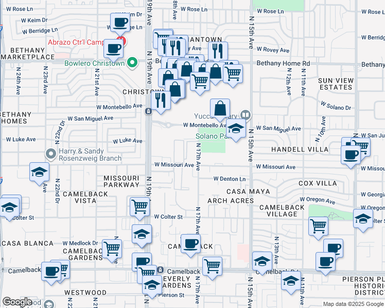 map of restaurants, bars, coffee shops, grocery stores, and more near 1708 West Missouri Avenue in Phoenix