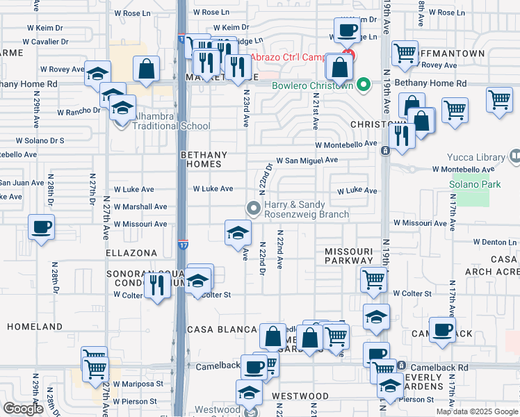 map of restaurants, bars, coffee shops, grocery stores, and more near 5515 North 22nd Drive in Phoenix