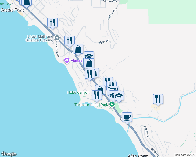 map of restaurants, bars, coffee shops, grocery stores, and more near e2 F Street in Laguna Beach