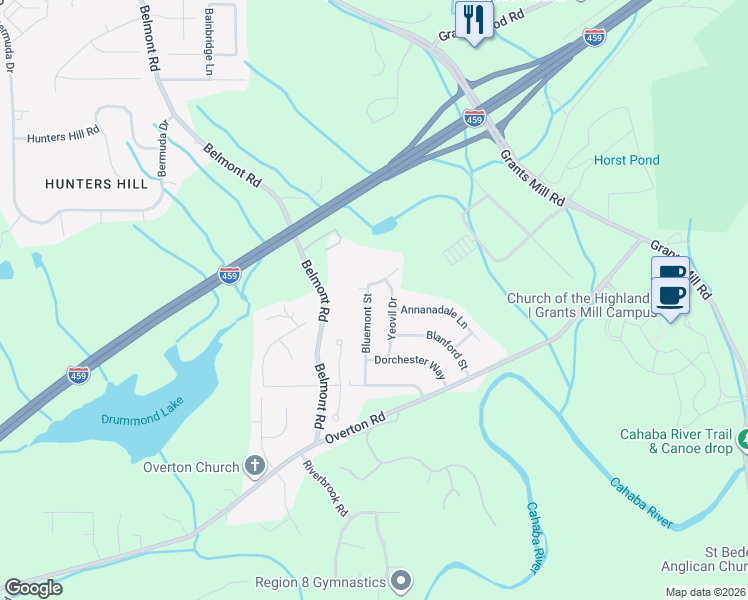 map of restaurants, bars, coffee shops, grocery stores, and more near 4031 Sherborne Road in Irondale