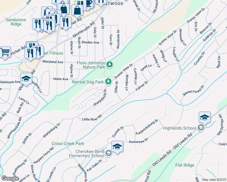 map of restaurants, bars, coffee shops, grocery stores, and more near 2060 Winnsboro Road in Birmingham