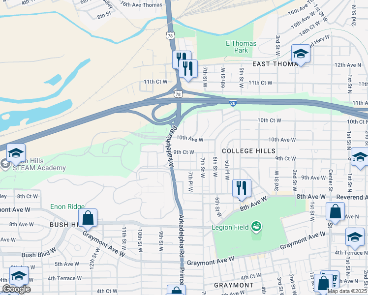 map of restaurants, bars, coffee shops, grocery stores, and more near 728 9th Court West in Birmingham