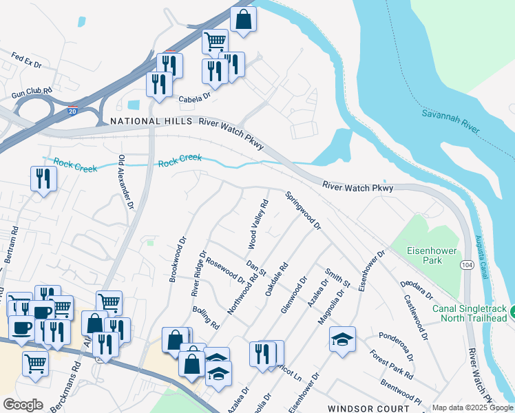 map of restaurants, bars, coffee shops, grocery stores, and more near 1221 Wood Valley Road in Augusta