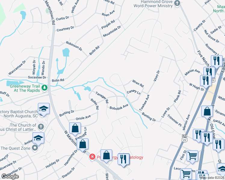 map of restaurants, bars, coffee shops, grocery stores, and more near 1944 Robin Road in North Augusta