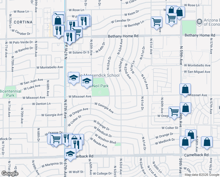 map of restaurants, bars, coffee shops, grocery stores, and more near 5523 North 64th Avenue in Glendale
