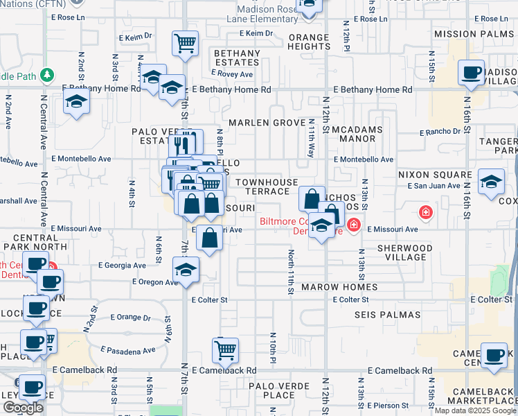 map of restaurants, bars, coffee shops, grocery stores, and more near 1001 East Luke Avenue in Phoenix