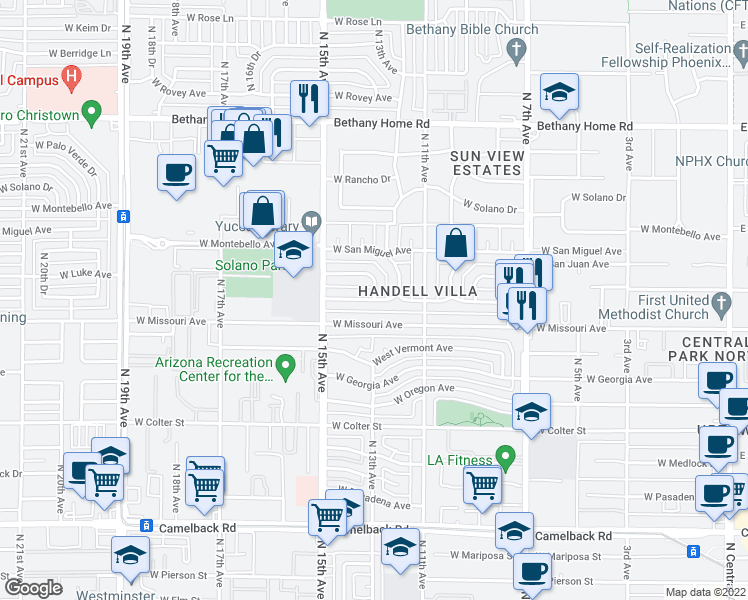 map of restaurants, bars, coffee shops, grocery stores, and more near 1301 W Marshall Ave in Phoenix