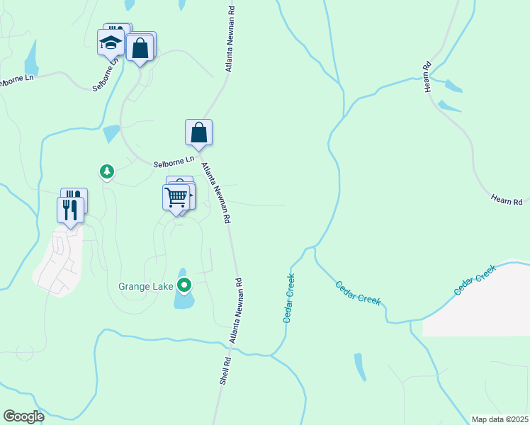 map of restaurants, bars, coffee shops, grocery stores, and more near 8740 Atlanta Newnan Road in Palmetto