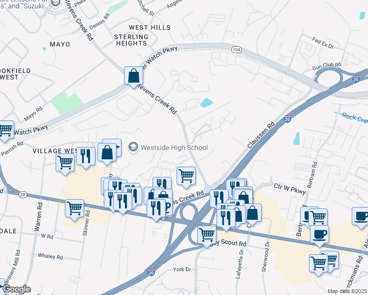 map of restaurants, bars, coffee shops, grocery stores, and more near 110 Point Place in Augusta