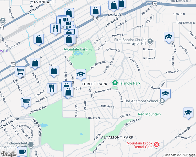 map of restaurants, bars, coffee shops, grocery stores, and more near 4217 Overlook Drive South in Birmingham