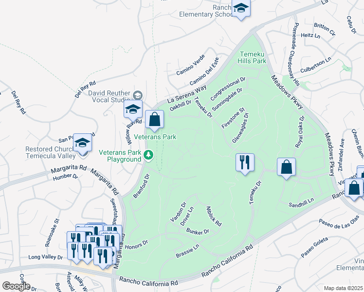 map of restaurants, bars, coffee shops, grocery stores, and more near 95 Poppy Circle in Temecula