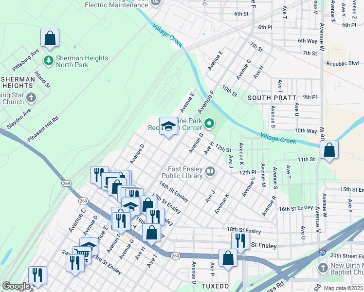 map of restaurants, bars, coffee shops, grocery stores, and more near 1303 Avenue F in Birmingham