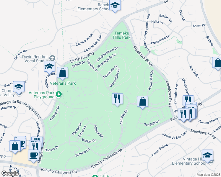map of restaurants, bars, coffee shops, grocery stores, and more near 31107 Gleneagles Drive in Temecula