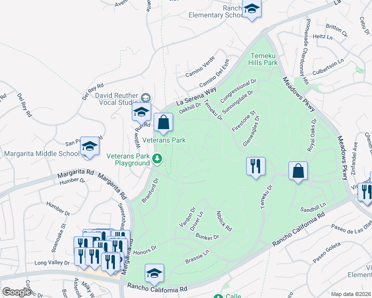 map of restaurants, bars, coffee shops, grocery stores, and more near 31130 South General Kearny Road in Temecula