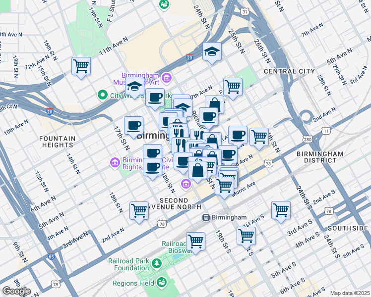 map of restaurants, bars, coffee shops, grocery stores, and more near 420 20th Street North in Birmingham