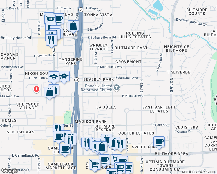 map of restaurants, bars, coffee shops, grocery stores, and more near 1948 East Marshall Avenue in Phoenix