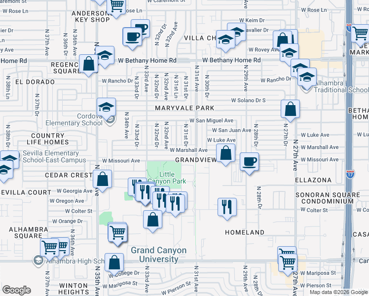 map of restaurants, bars, coffee shops, grocery stores, and more near 5500 North 31st Drive in Phoenix