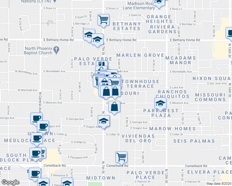map of restaurants, bars, coffee shops, grocery stores, and more near 5521 North 7th Street in Phoenix