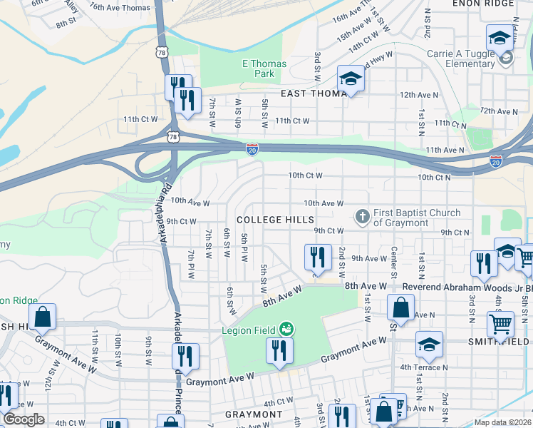 map of restaurants, bars, coffee shops, grocery stores, and more near 941 5th St W in Birmingham