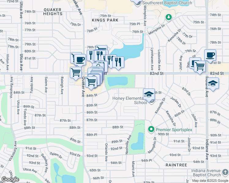 map of restaurants, bars, coffee shops, grocery stores, and more near 4105 84th Street in Lubbock